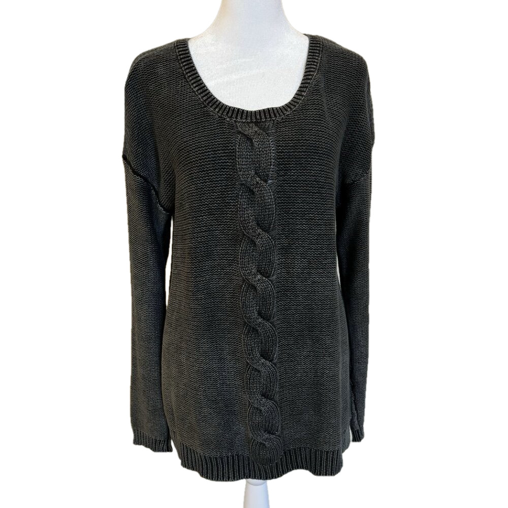 Sweater Long Sleeve w/ Cables front & Back, Charcoal Grey 100% Cotton, size LRG - Picture 4 of 9